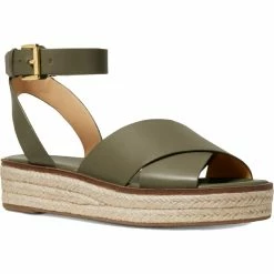 Best Sale ๐ MICHAEL Michael Kors Abbott ๐ฉ Womens Leather Ankle Strap Wedge ๐ฉด Sandals ๐